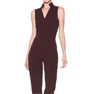 whbm | maroon red sleeveless jumpsuit with high neck pleated detail collar